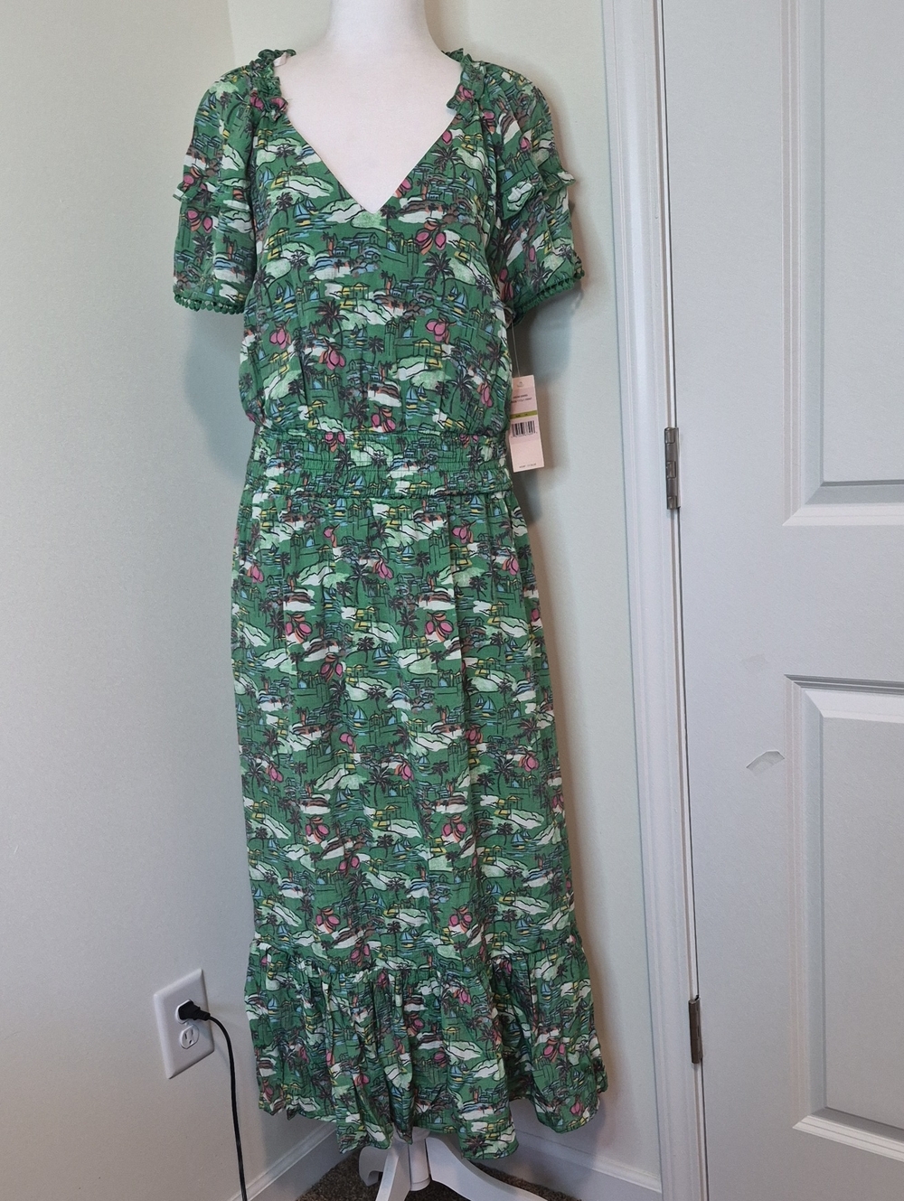 Nanette Lepore Green Floral Maxi Dress with V-Neck Size 14
